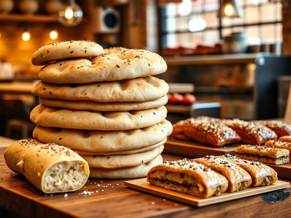 Stack of fresh pita bread and Middle Eastern pastries