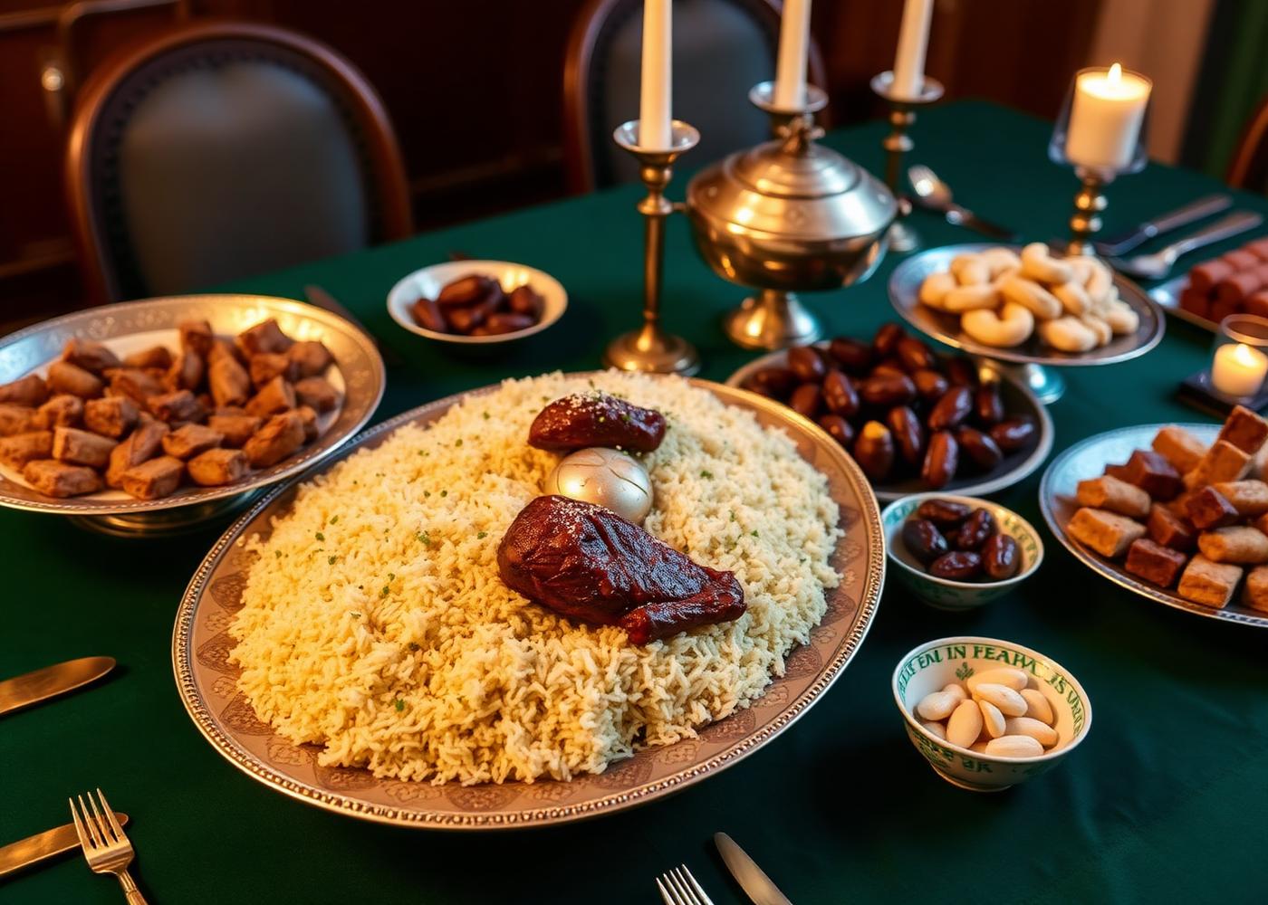 Eid feast spread with rice, lamb, dates and sweets