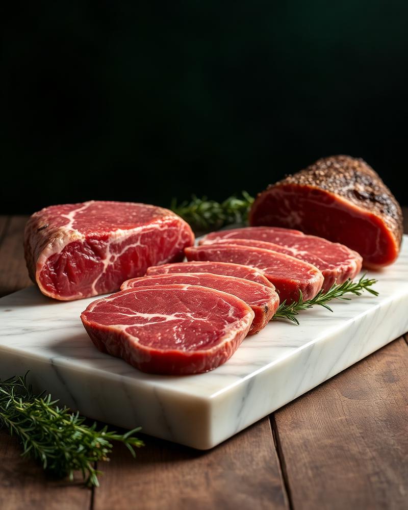 Fresh halal beef steaks and roast on a marble butcher block