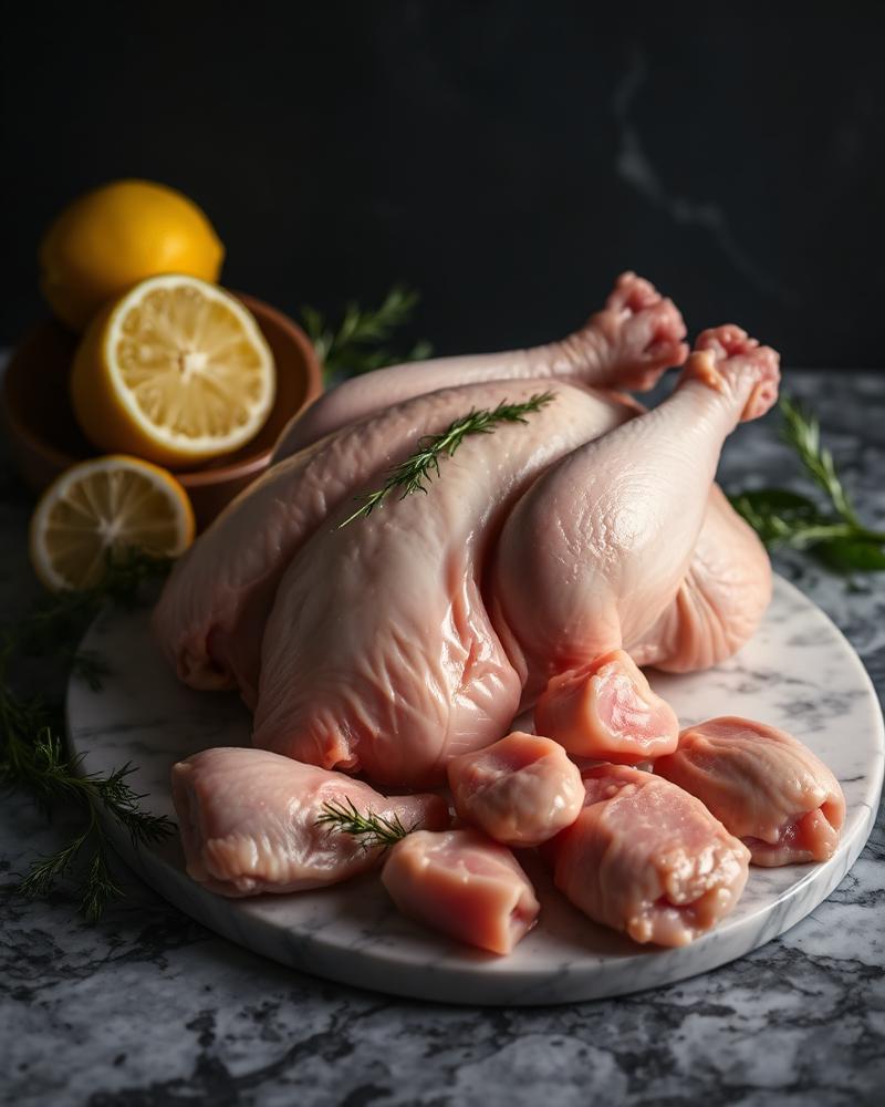 Fresh halal whole chicken and chicken pieces with lemon and herbs