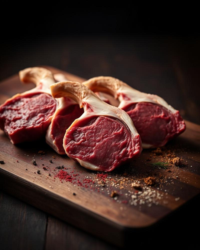 Bone-in halal goat cuts on a wooden butcher board with spices