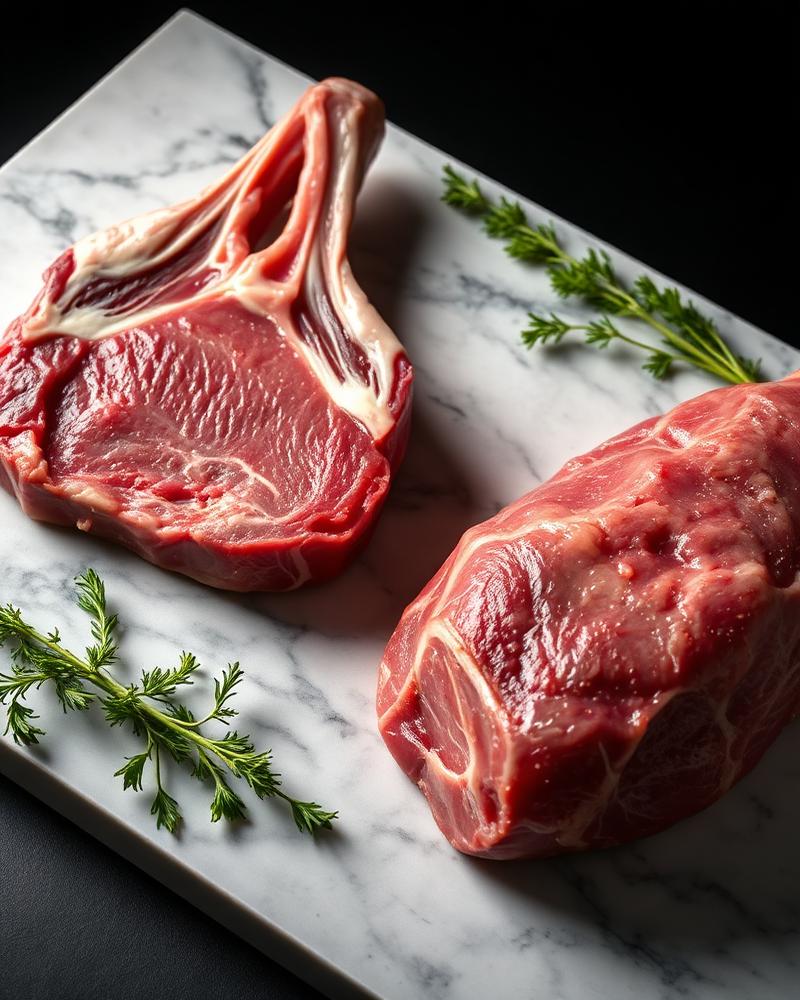 Fresh halal lamb chops and leg of lamb on marble