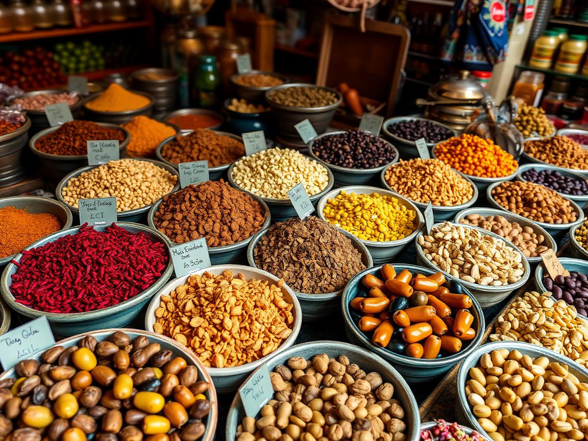 Bowls of Middle Eastern spices, nuts, dates and olives