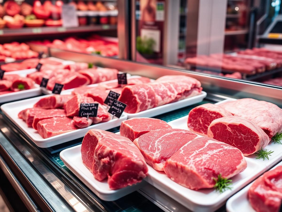 Fresh halal beef and lamb cuts displayed at the butcher counter
